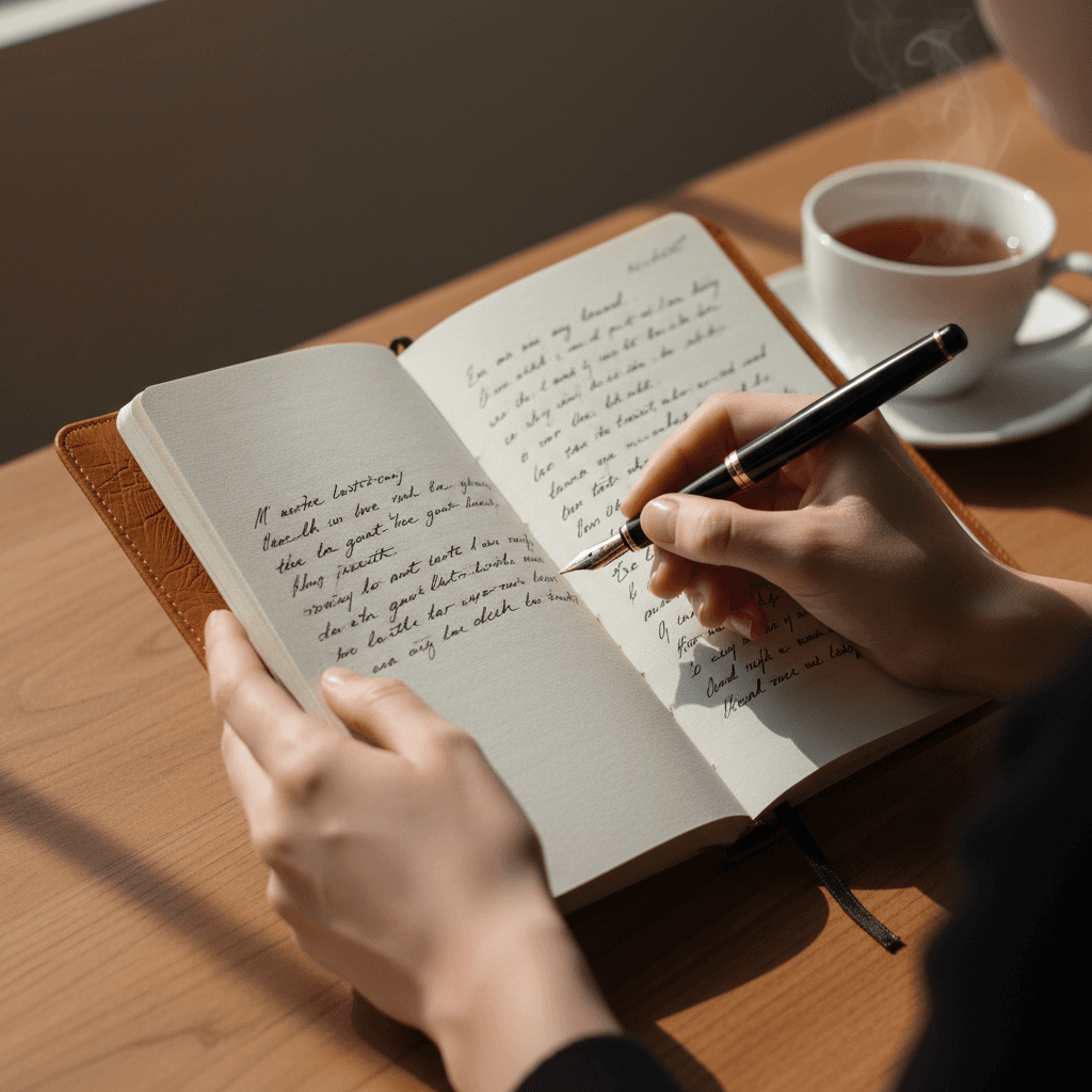 Close-up of hands resting on an open handwritten journal with a hand-drawn map