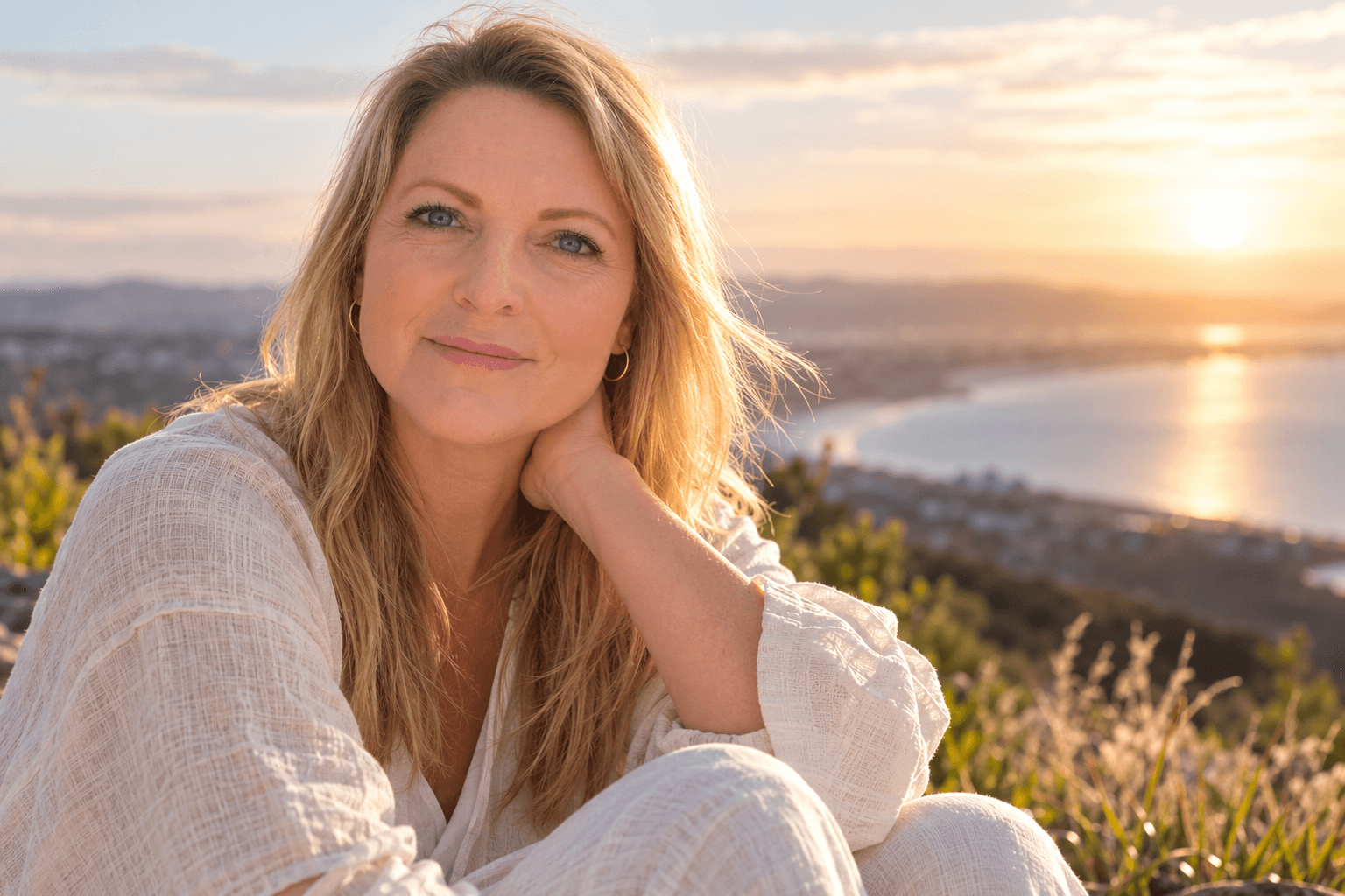 Smiling blonde woman in white clothing against a golden sunset overlooking a scenic coastal bay.